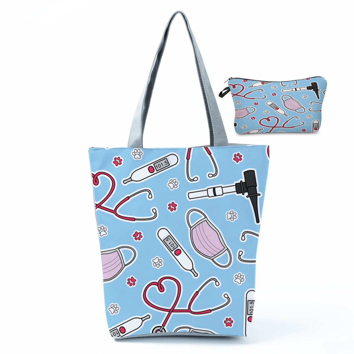 Printed Medical Tote Handbag with Matching Make-Up Bag