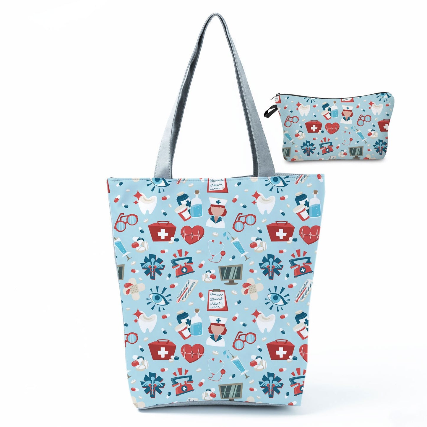 Printed Medical Tote Handbag with Matching Make-Up Bag