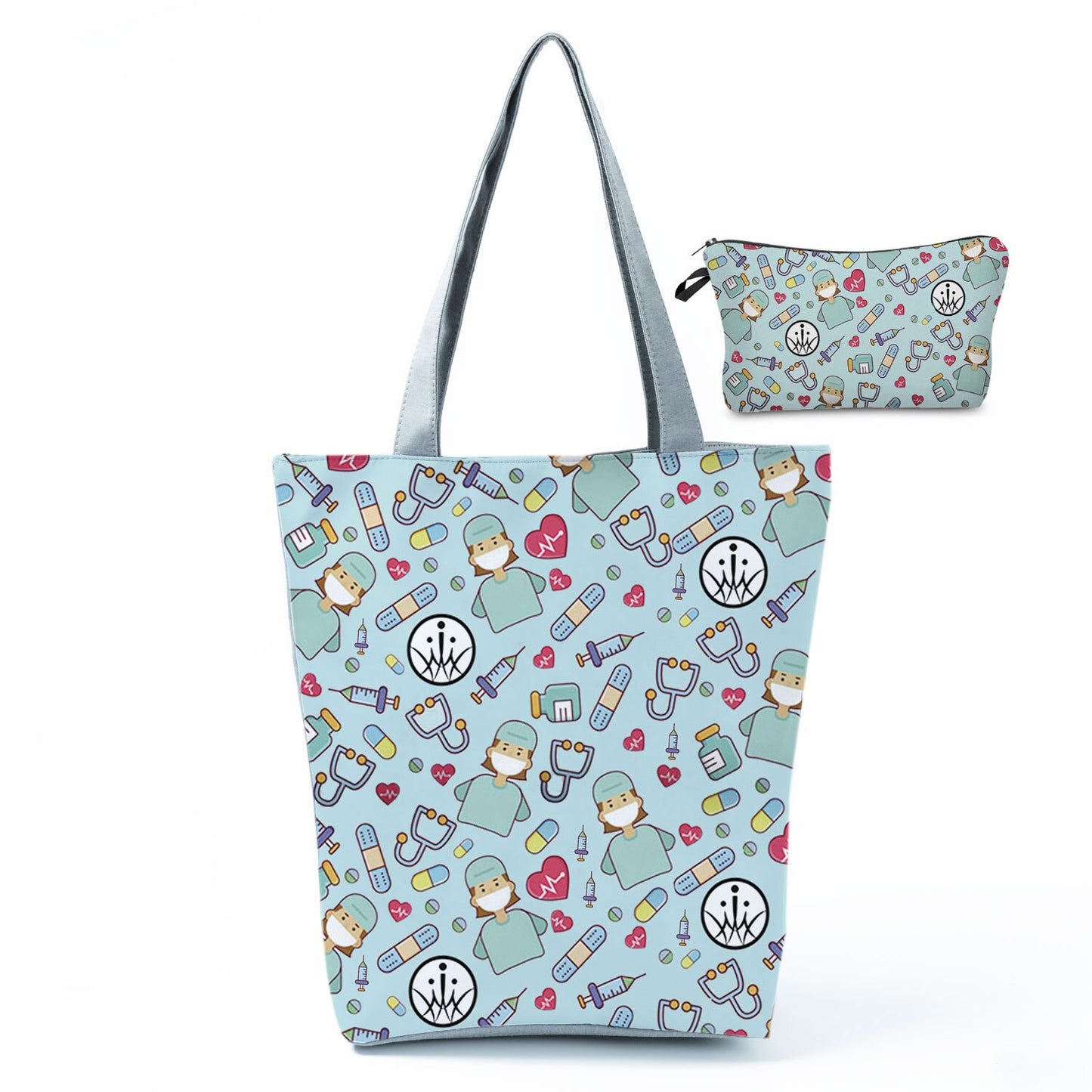 Printed Medical Tote Handbag with Matching Make-Up Bag