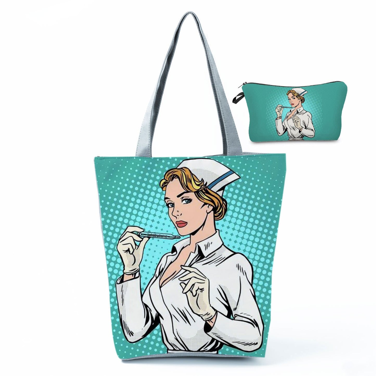 Printed Medical Tote Handbag with Matching Make-Up Bag