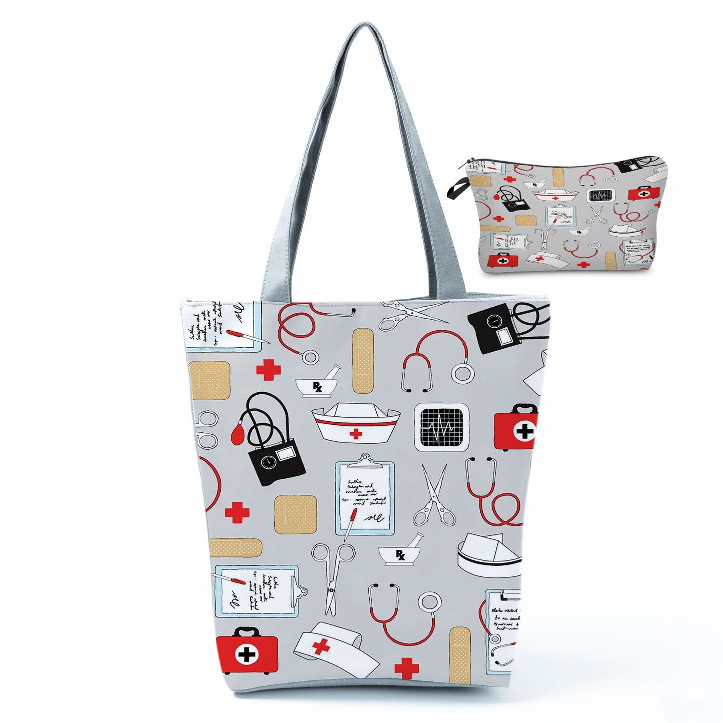 Printed Medical Tote Handbag with Matching Make-Up Bag