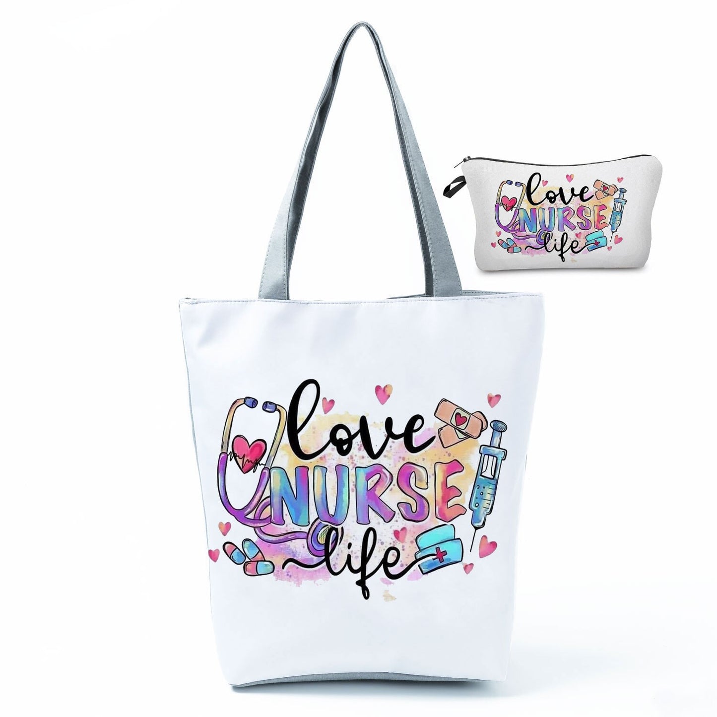 Printed Medical Tote Handbag with Matching Make-Up Bag