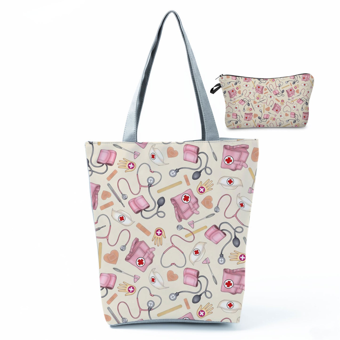 Printed Medical Tote Handbag with Matching Make-Up Bag