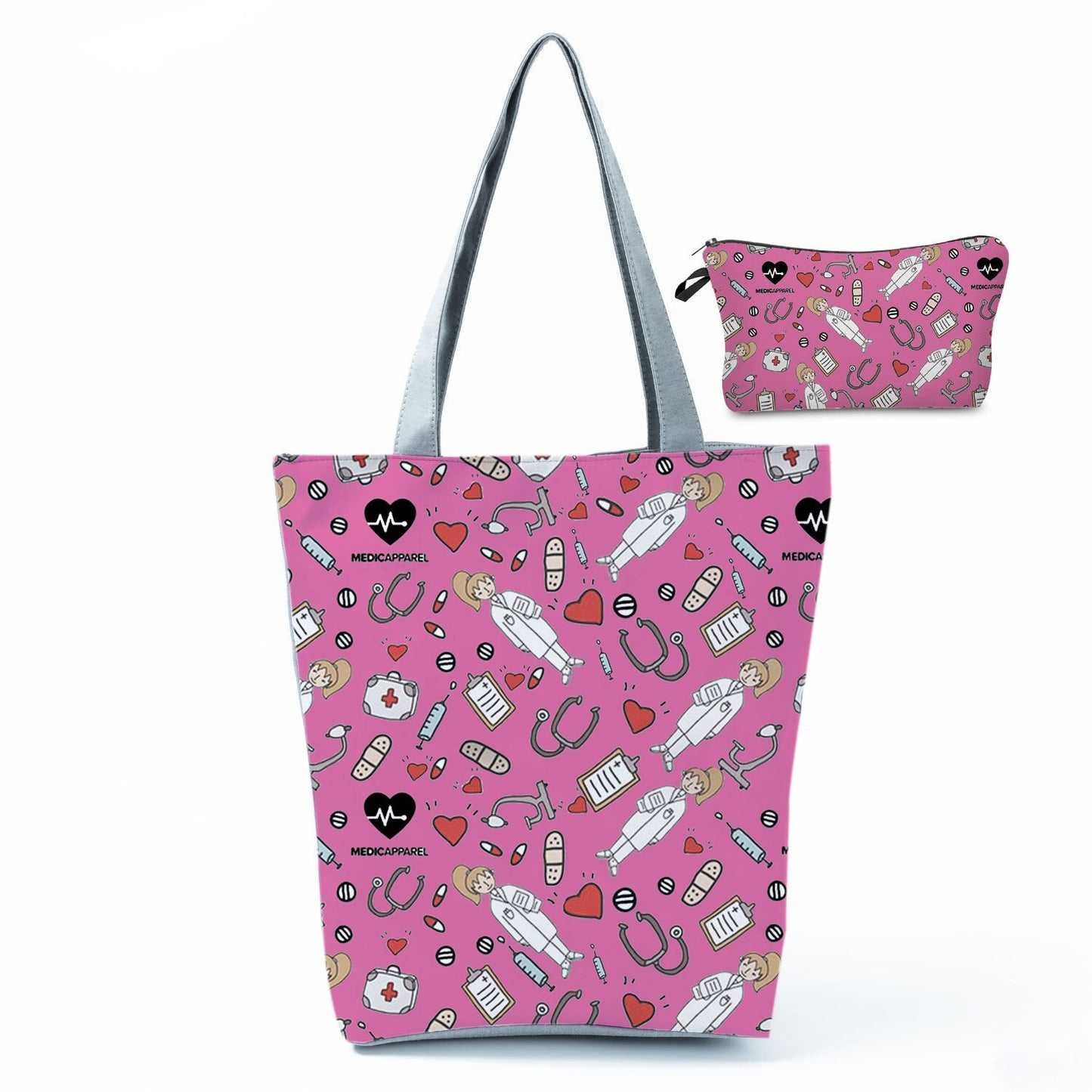 Printed Medical Tote Handbag with Matching Make-Up Bag