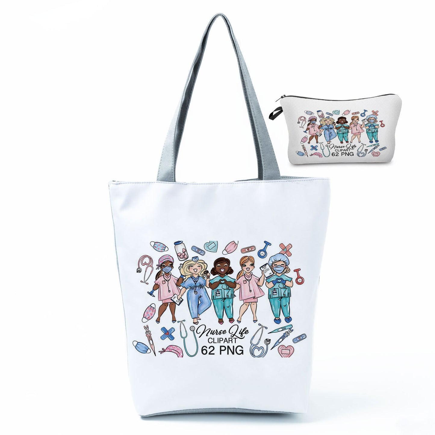 Printed Medical Tote Handbag with Matching Make-Up Bag