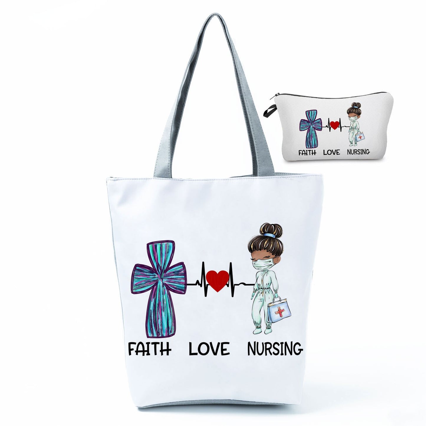 Printed Medical Tote Handbag with Matching Make-Up Bag