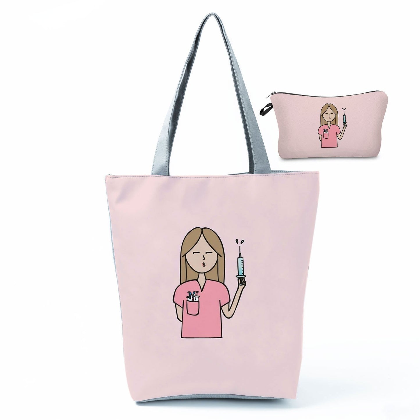 Printed Medical Tote Handbag with Matching Make-Up Bag