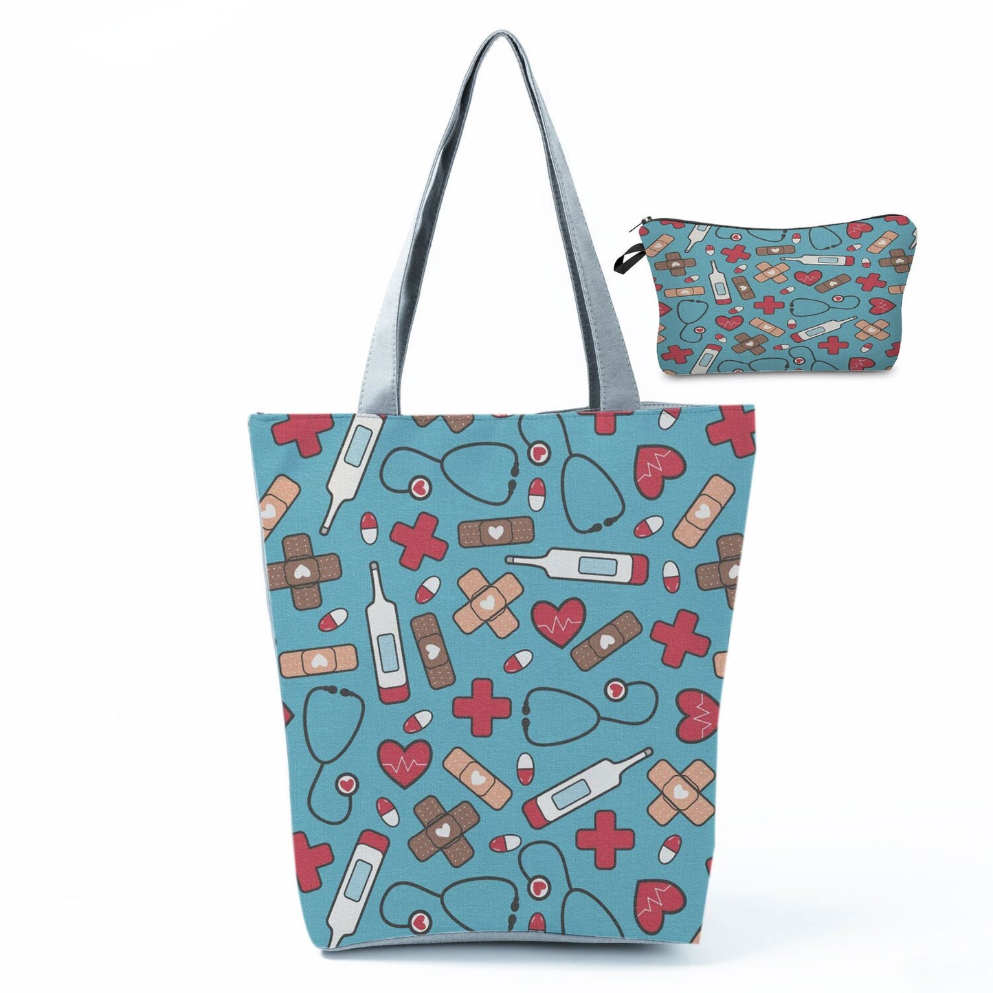 Printed Medical Tote Handbag with Matching Make-Up Bag