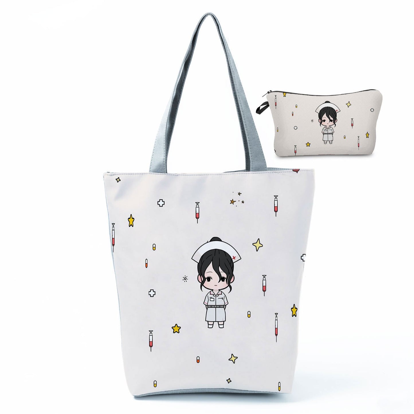 Printed Medical Tote Handbag with Matching Make-Up Bag