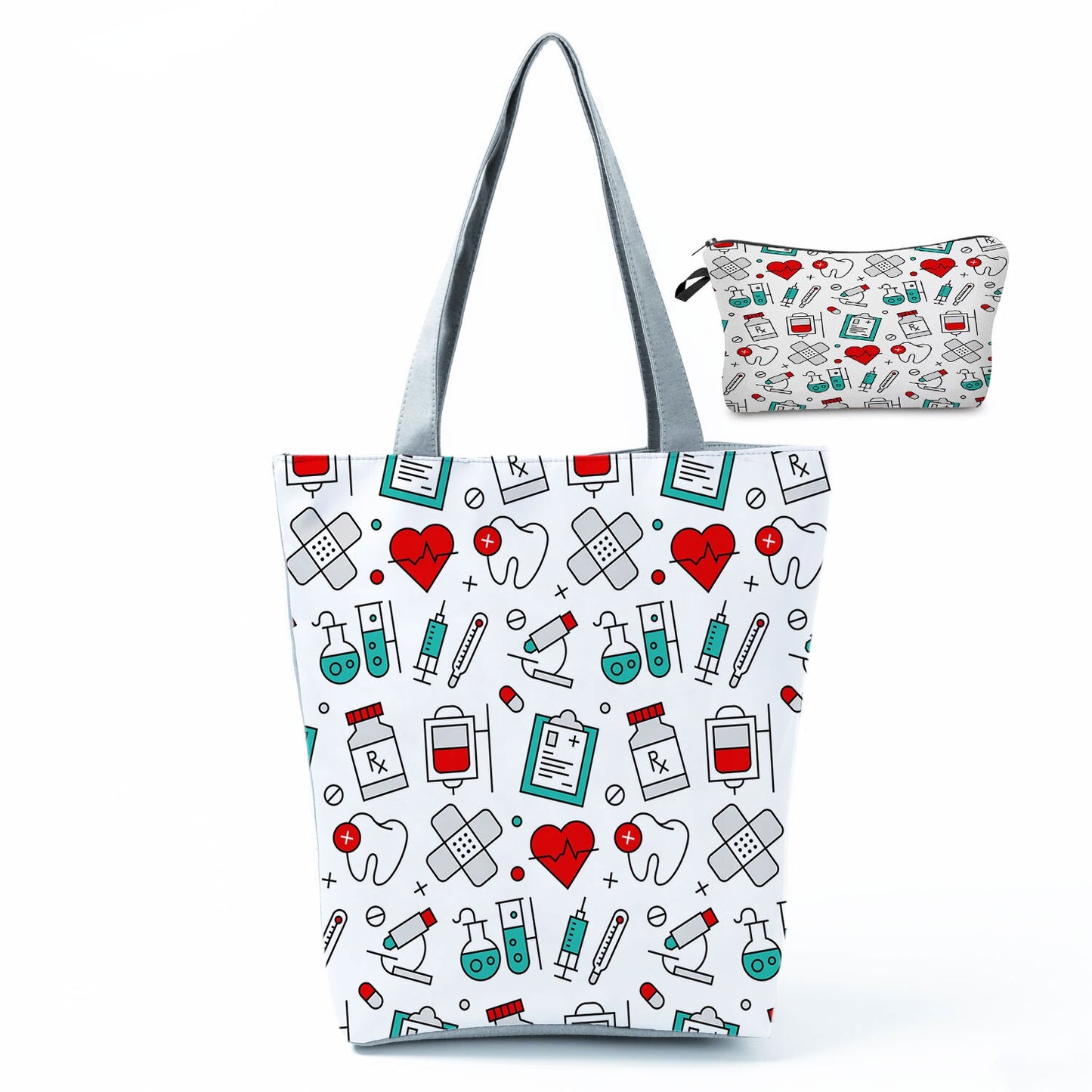 Printed Medical Tote Handbag with Matching Make-Up Bag