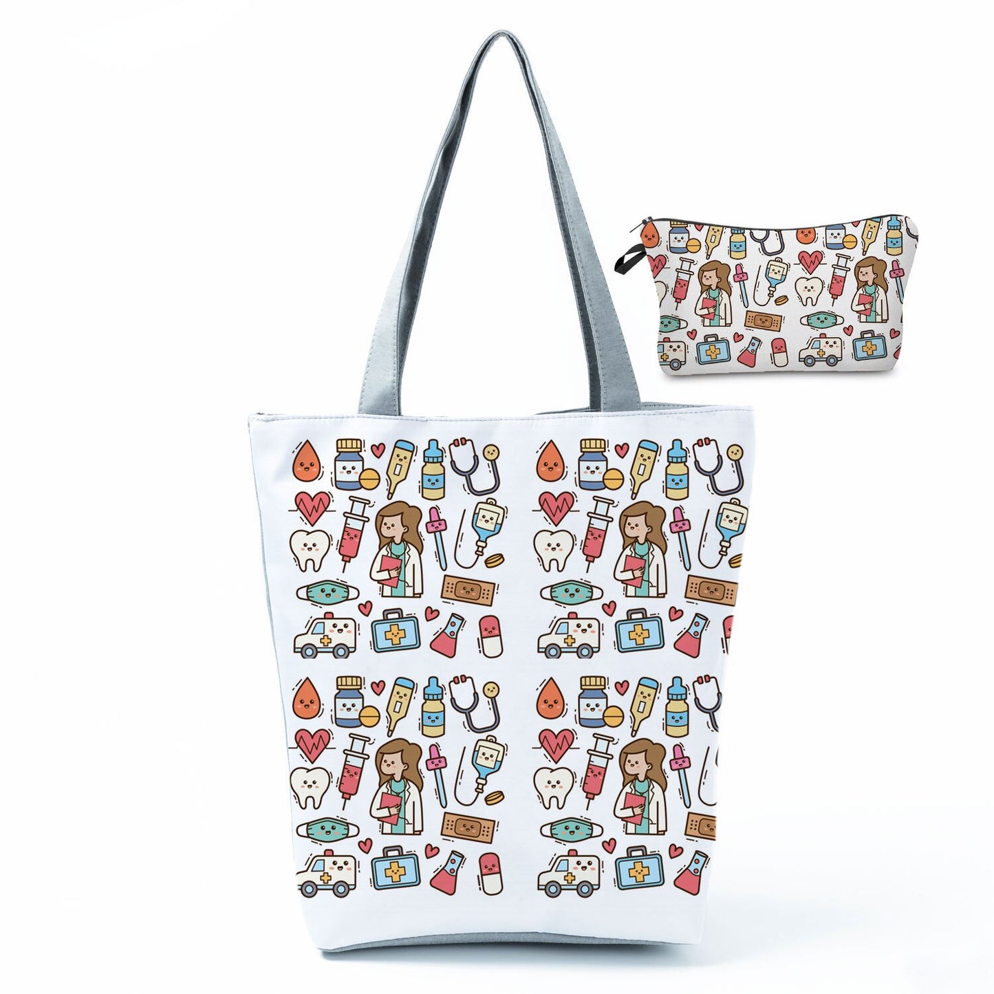 Printed Medical Tote Handbag with Matching Make-Up Bag