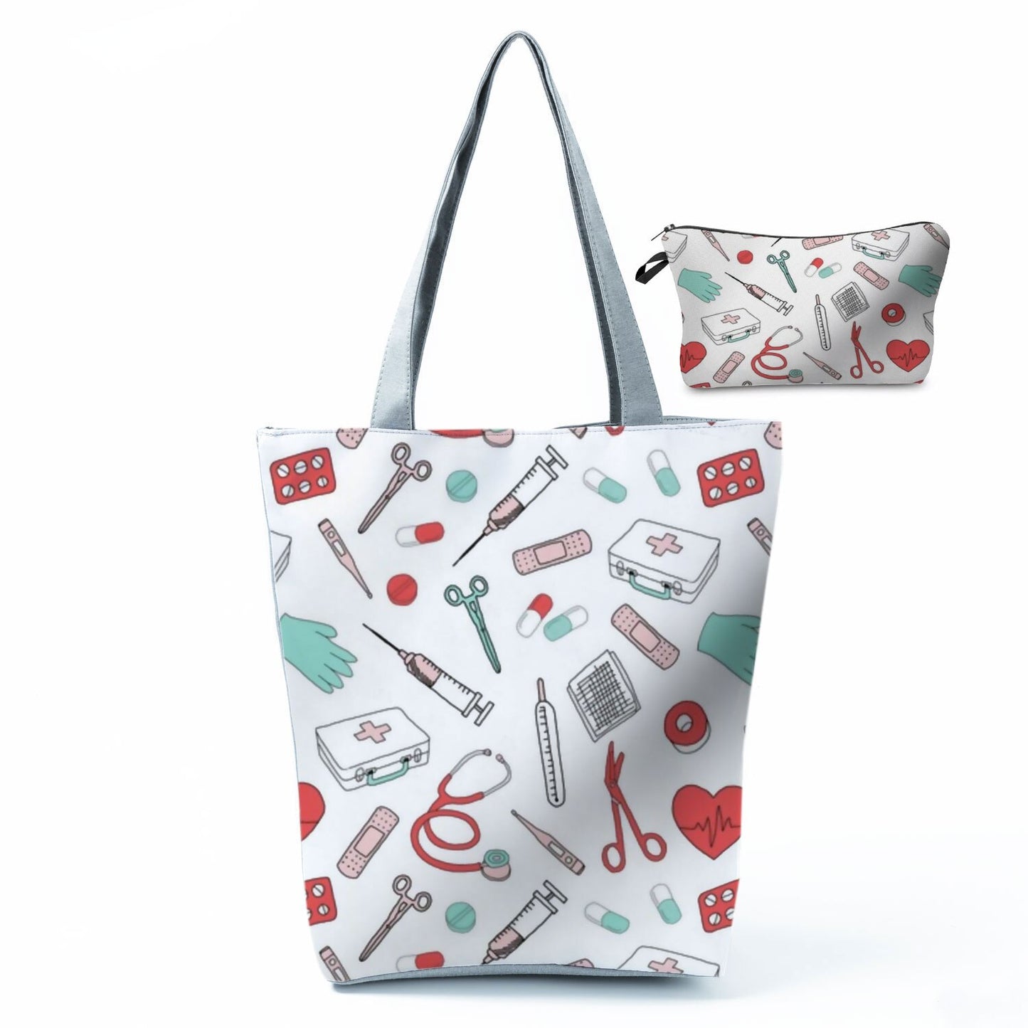 Printed Medical Tote Handbag with Matching Make-Up Bag