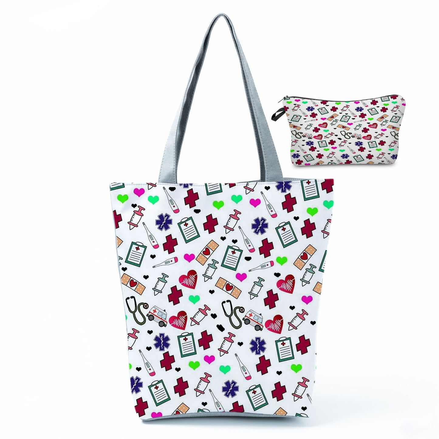 Printed Medical Tote Handbag with Matching Make-Up Bag