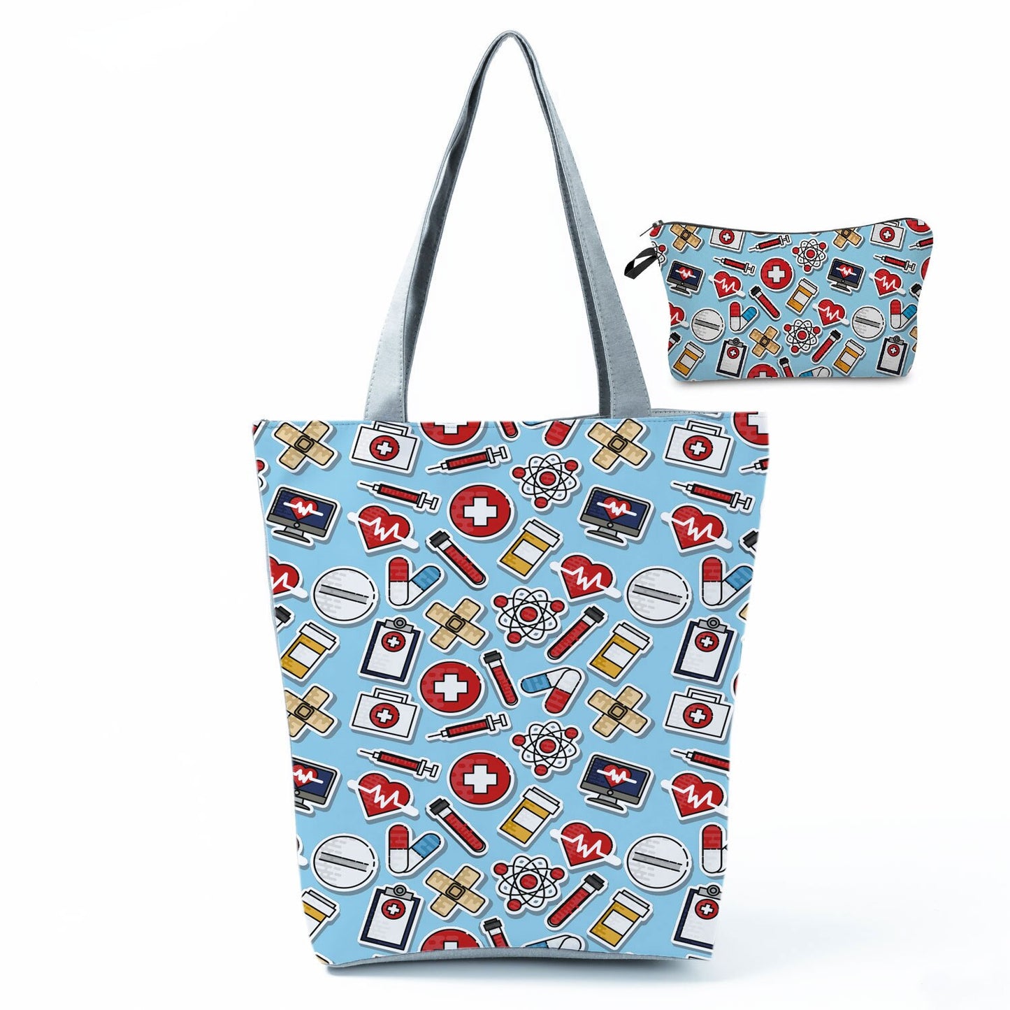 Printed Medical Tote Handbag with Matching Make-Up Bag