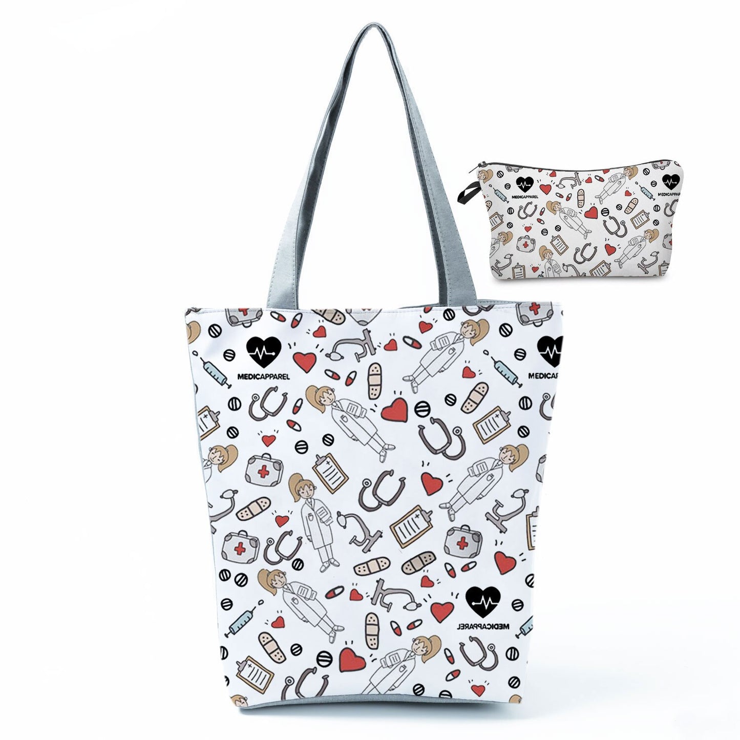 Printed Medical Tote Handbag with Matching Make-Up Bag