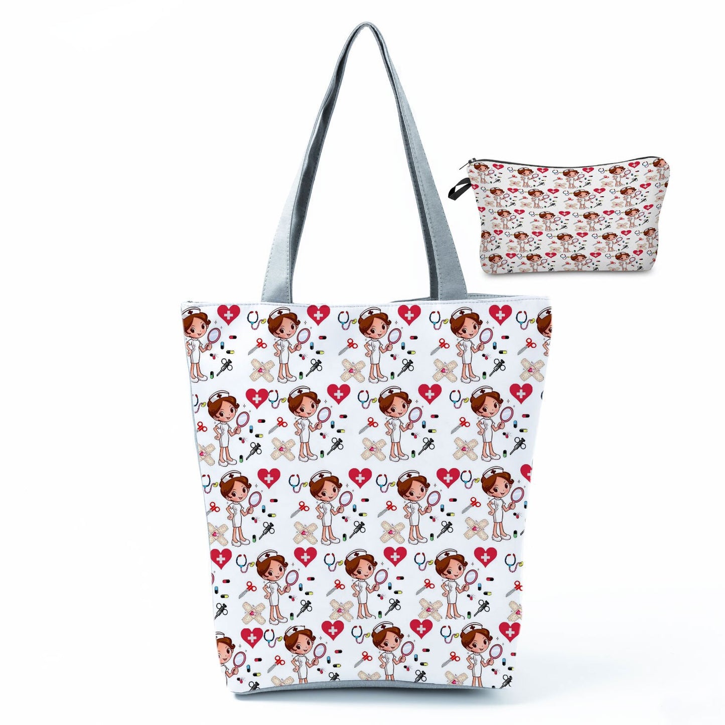 Printed Medical Tote Handbag with Matching Make-Up Bag