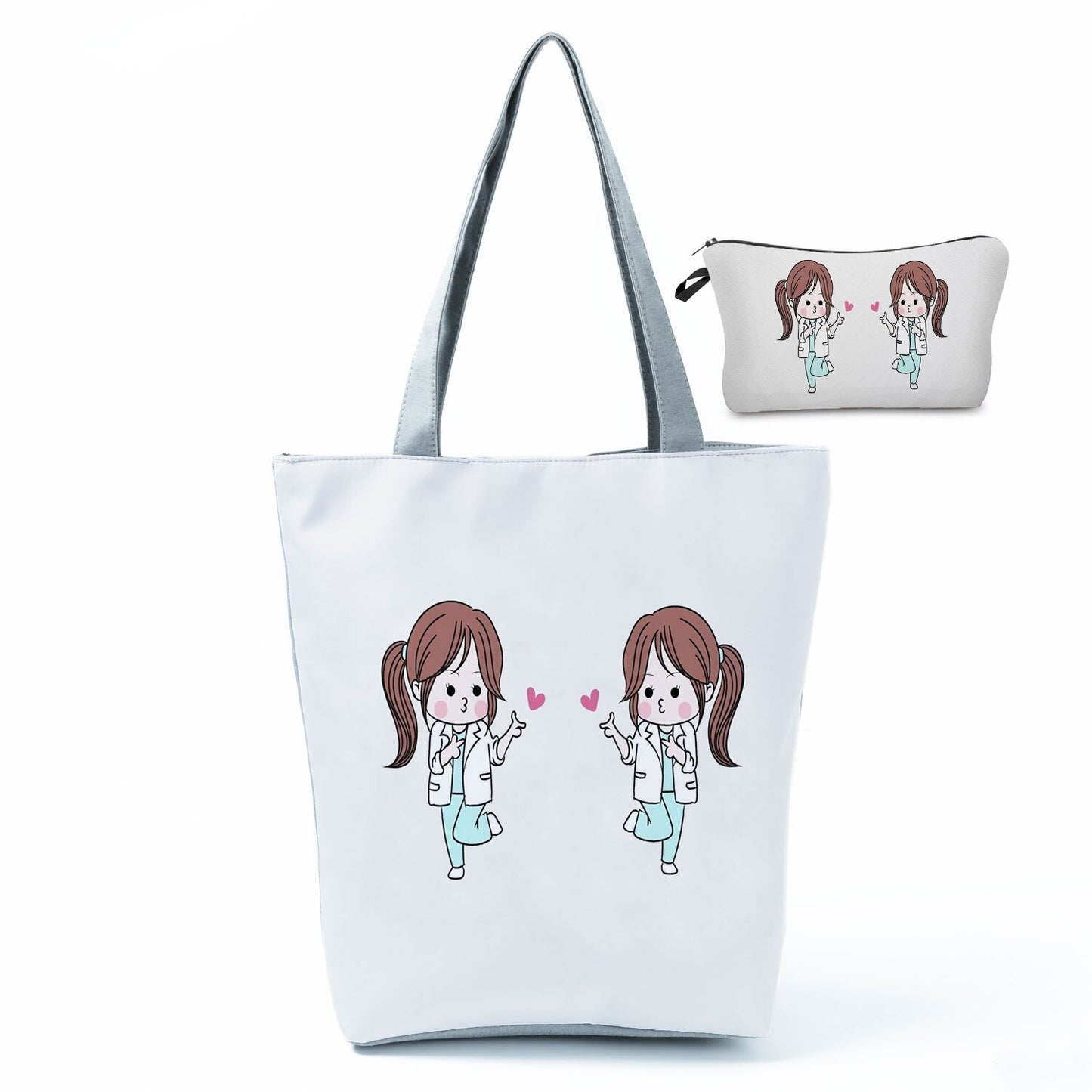 Printed Medical Tote Handbag with Matching Make-Up Bag