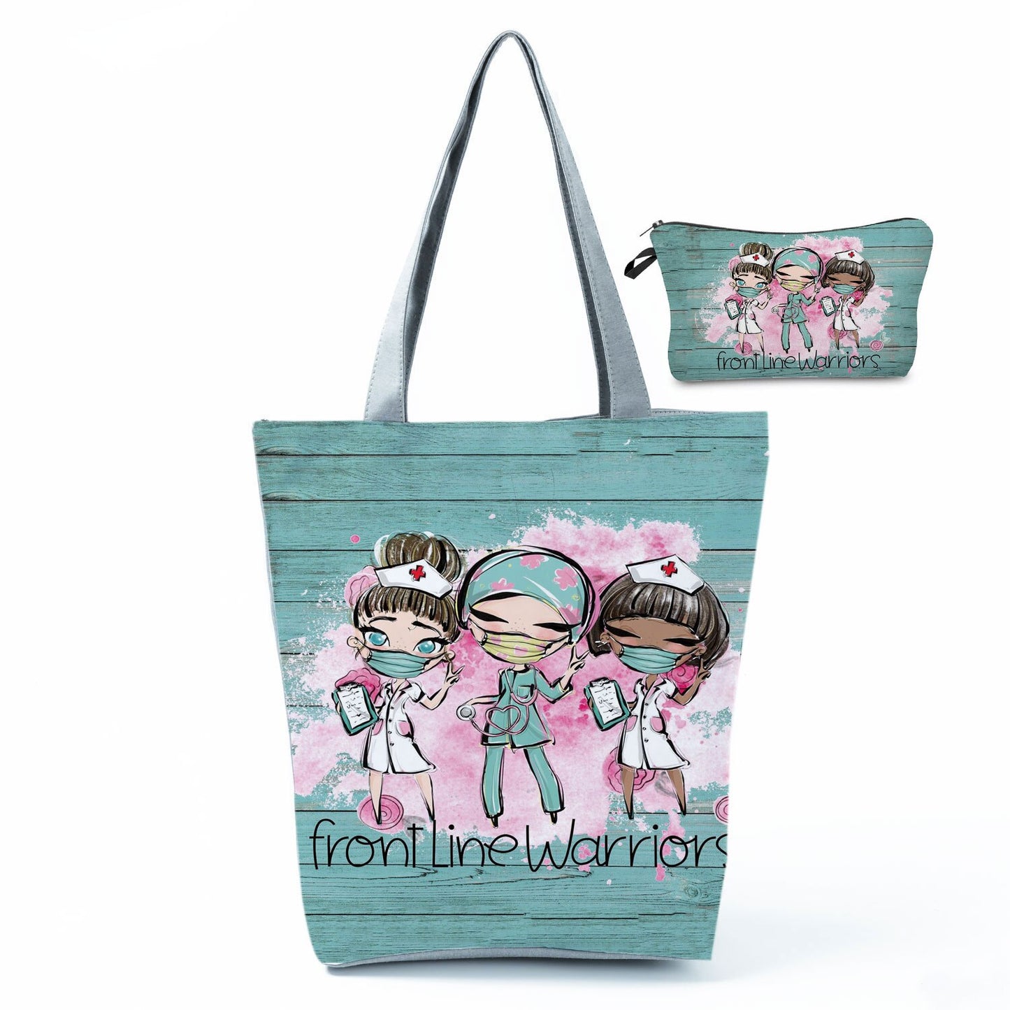 Printed Medical Tote Handbag with Matching Make-Up Bag