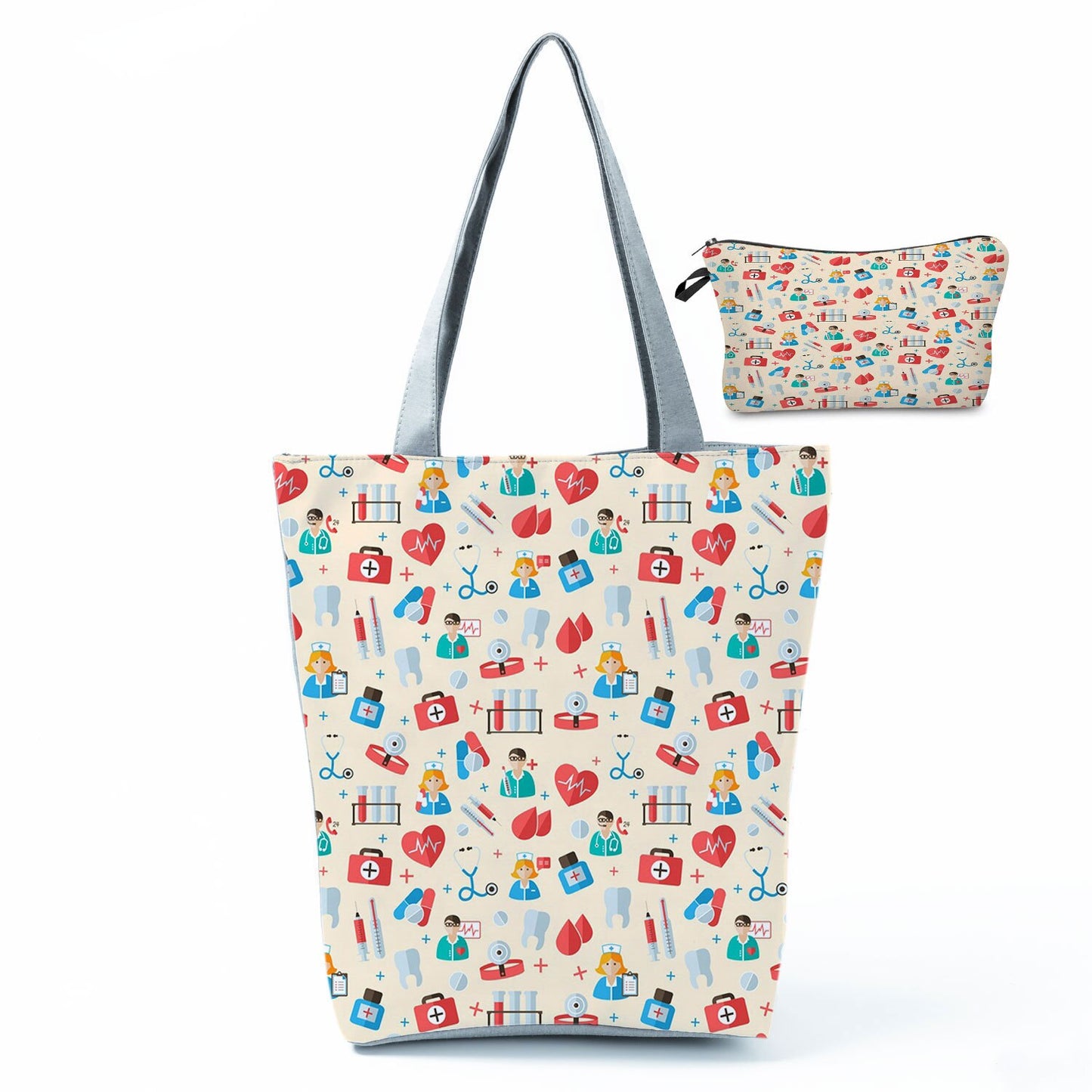 Printed Medical Tote Handbag with Matching Make-Up Bag