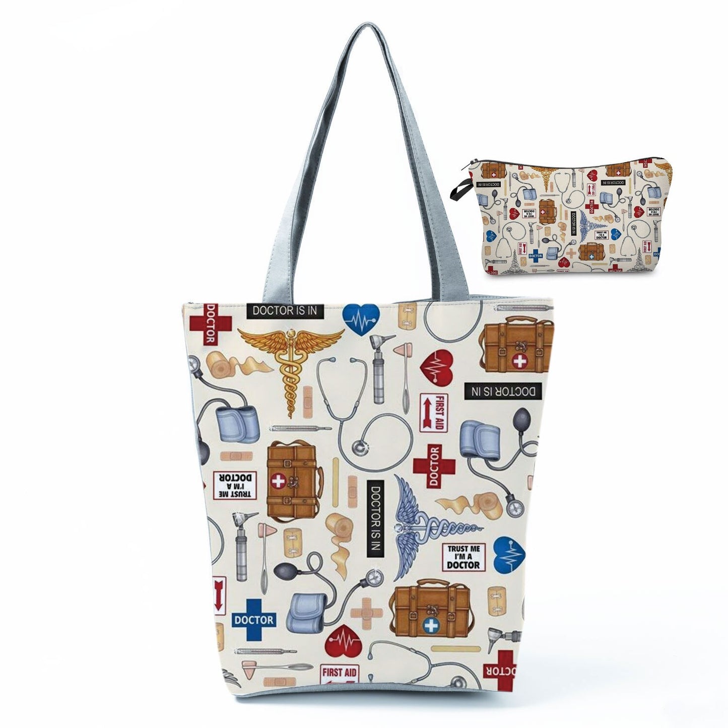 Printed Medical Tote Handbag with Matching Make-Up Bag