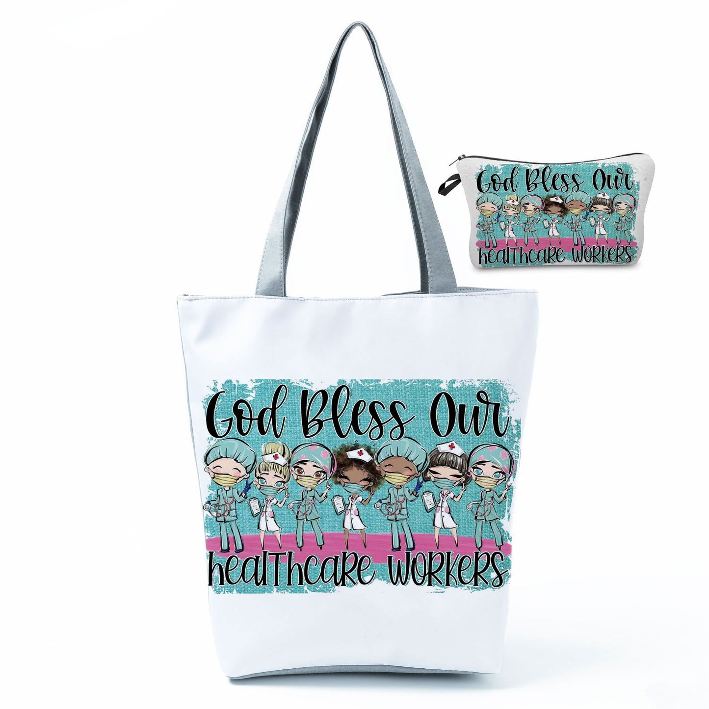 Printed Medical Tote Handbag with Matching Make-Up Bag