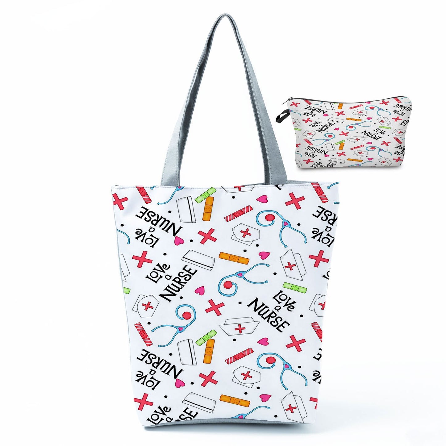 Printed Medical Tote Handbag with Matching Make-Up Bag