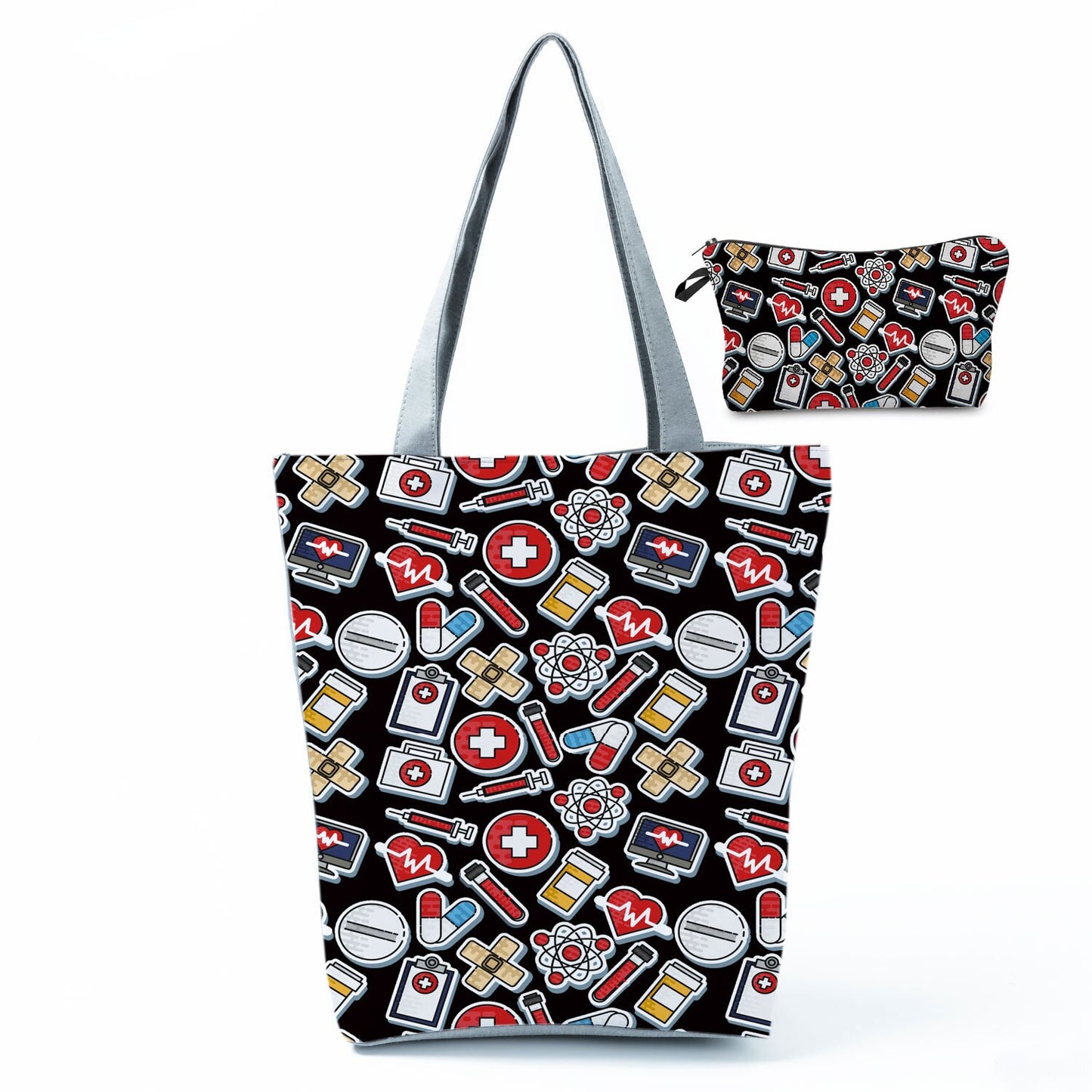 Printed Medical Tote Handbag with Matching Make-Up Bag