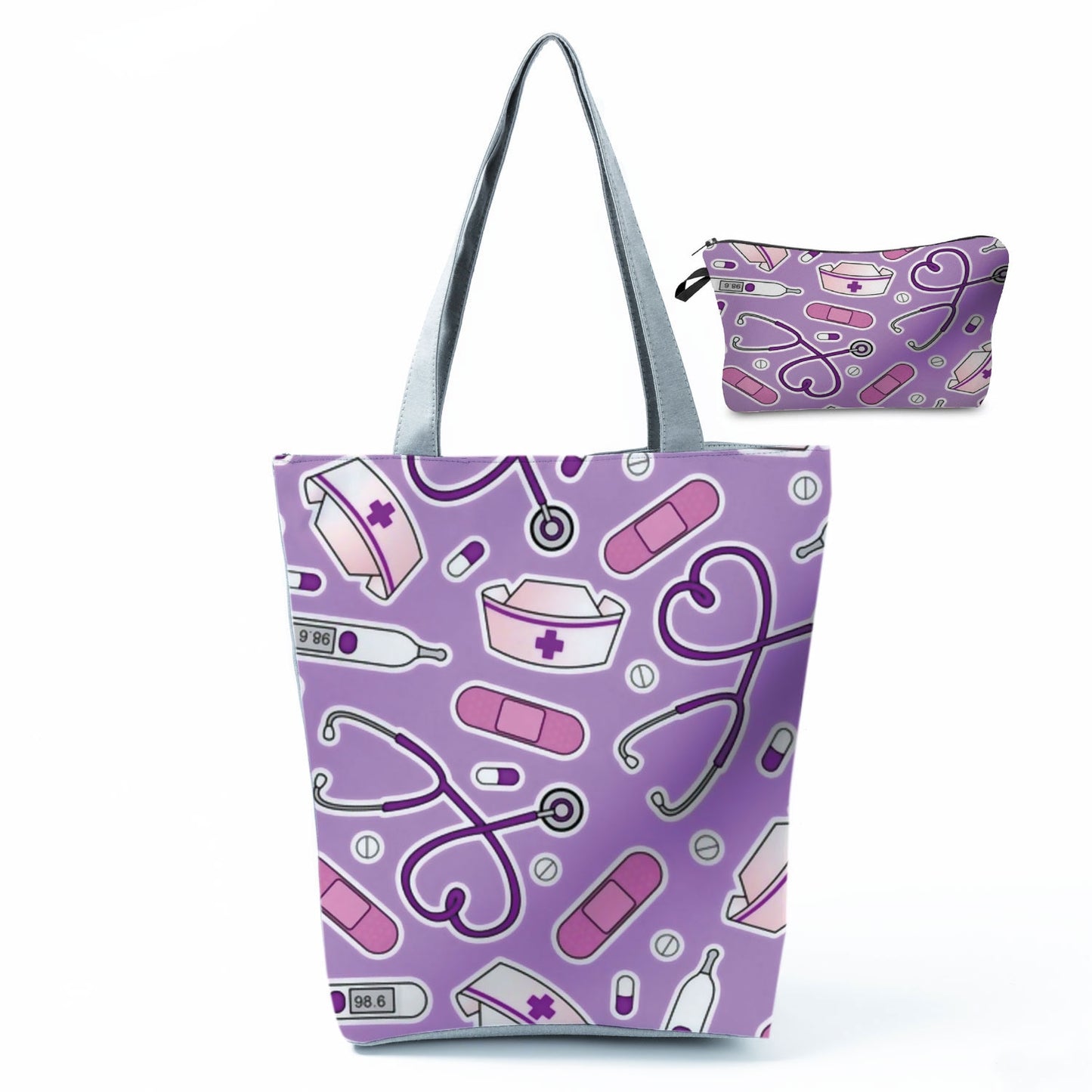 Printed Medical Tote Handbag with Matching Make-Up Bag