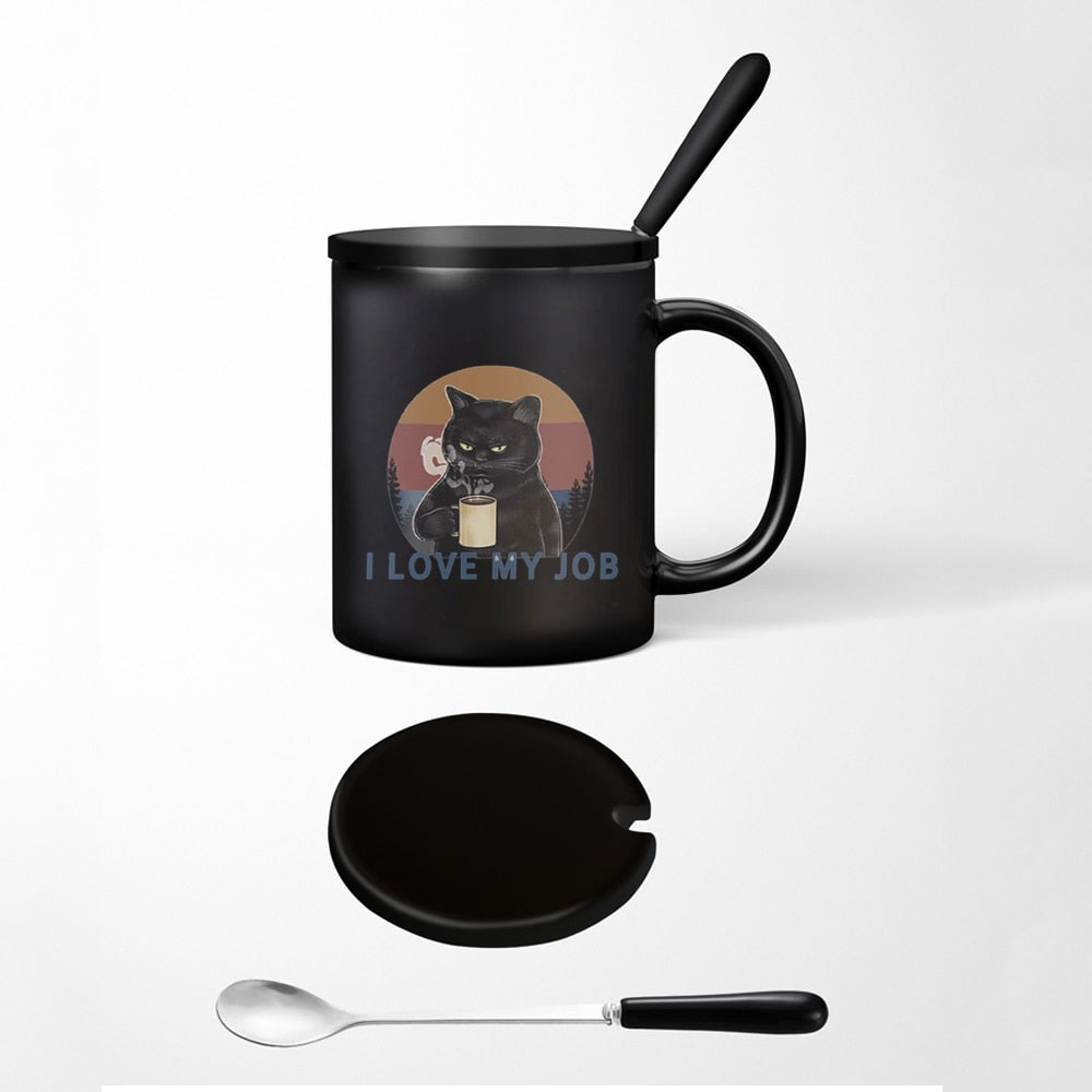 Funny Cat Mug with Lid, Spoon, 11 oz | I love my job