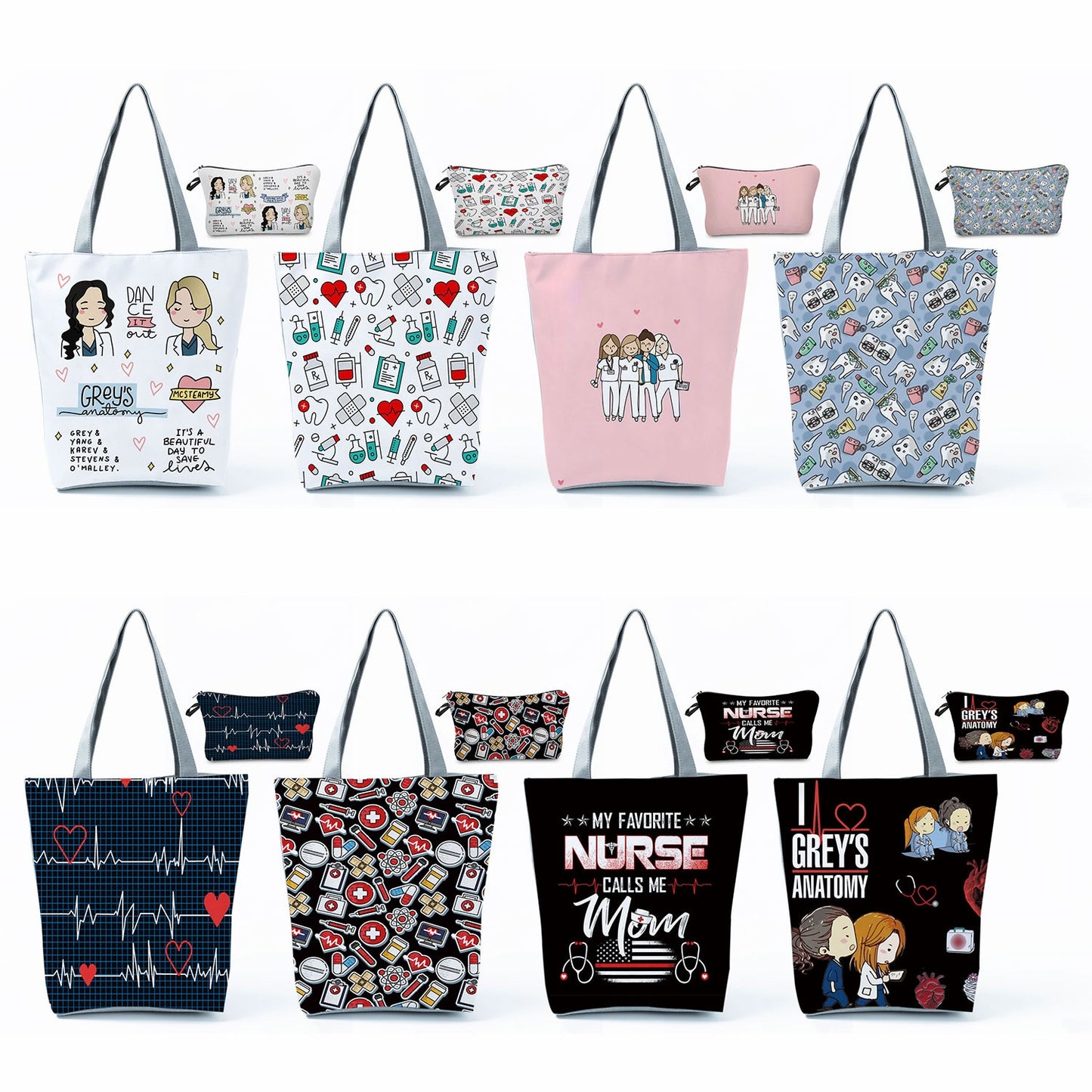 Printed Medical Tote Handbag with Matching Make-Up Bag