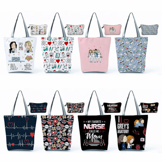 Printed Medical Tote Handbag with Matching Make-Up Bag